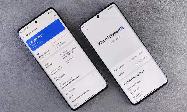 two smartphones displaying realme and xiaomi interfaces