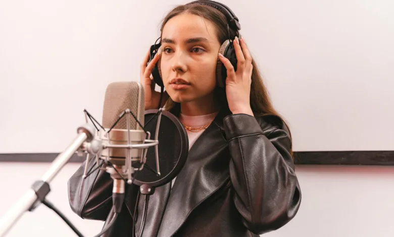 a woman wearing a leather jacket and headphones